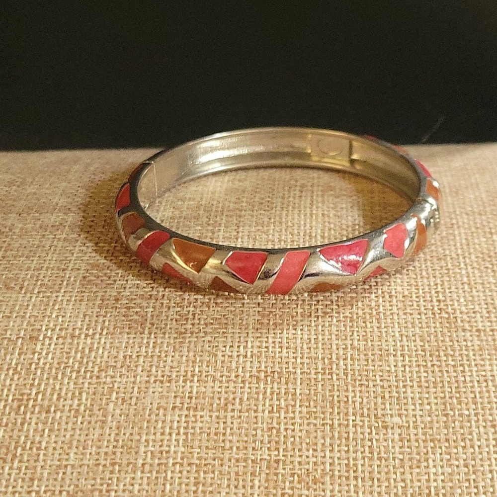 Silver Enamel Geometric Hinge Bangle Bracelet Red Orange Pink 2.5 In Eclectic